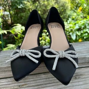 Madden NYC Silver Bow Black Heel 3.5” Heel Preowned Size 9